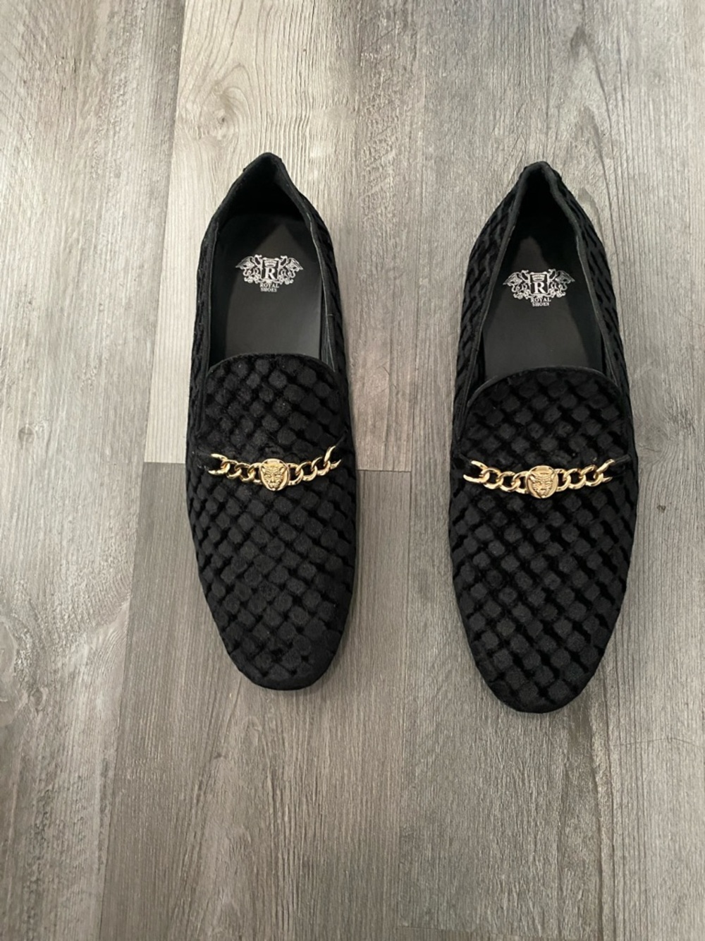 Men's Black Velvet Chain-Accent Loafers